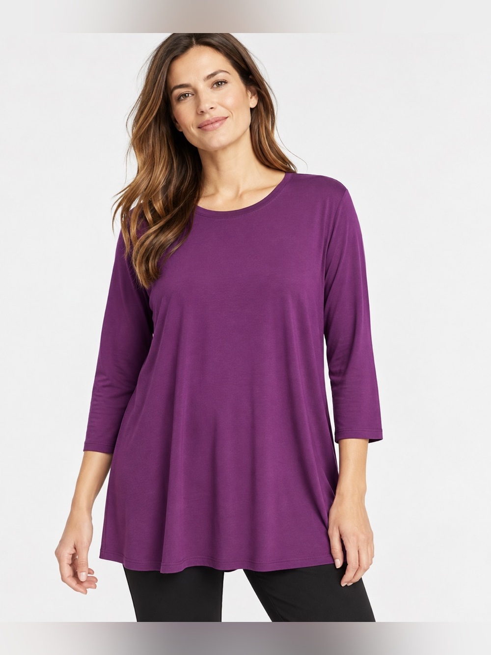 Eileen Fisher Fine Tencel Jersey Raisin Crew Neck Tunic Top L NWT